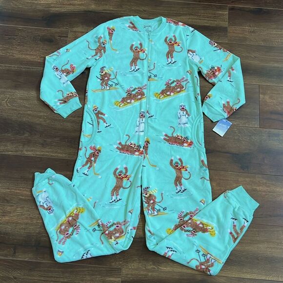 Nick & Nora Size Small One Piece Pajamas Sock Monkey Suit Union Suit Teal - Picture 2 of 8